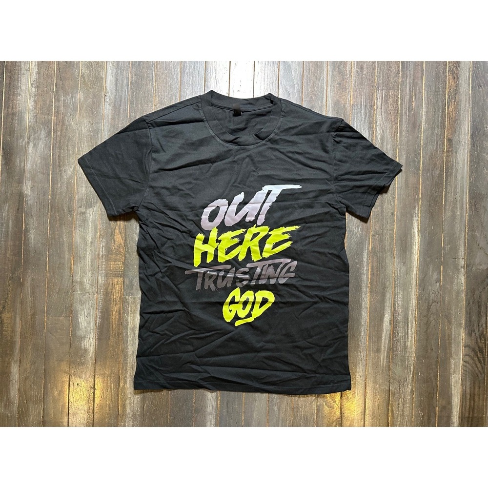 PFR New York Out Here Trusting God Graphic T-Shirt Black Neon Yellow Mens